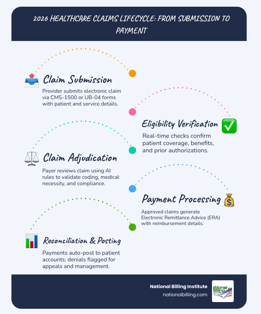 2026 healthcare claims lifecycle from submission to payment with key stages and software touchpoints - claims processing