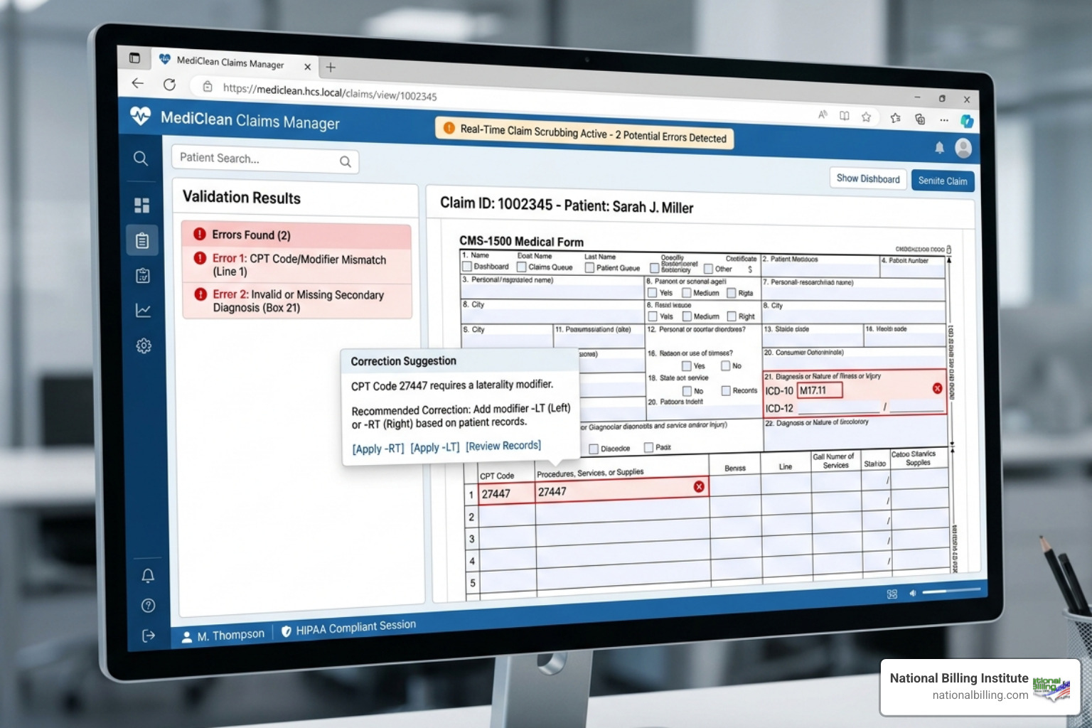 claim scrubbing interface showing real-time error detection and correction suggestions - claims processing software