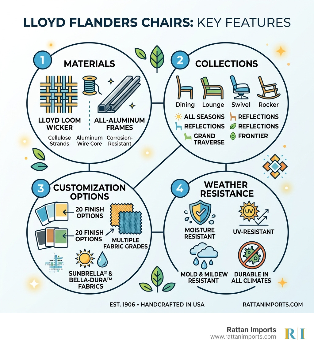 Infographic showing Lloyd Flanders chairs key features: materials, collections, customization options, and weather
