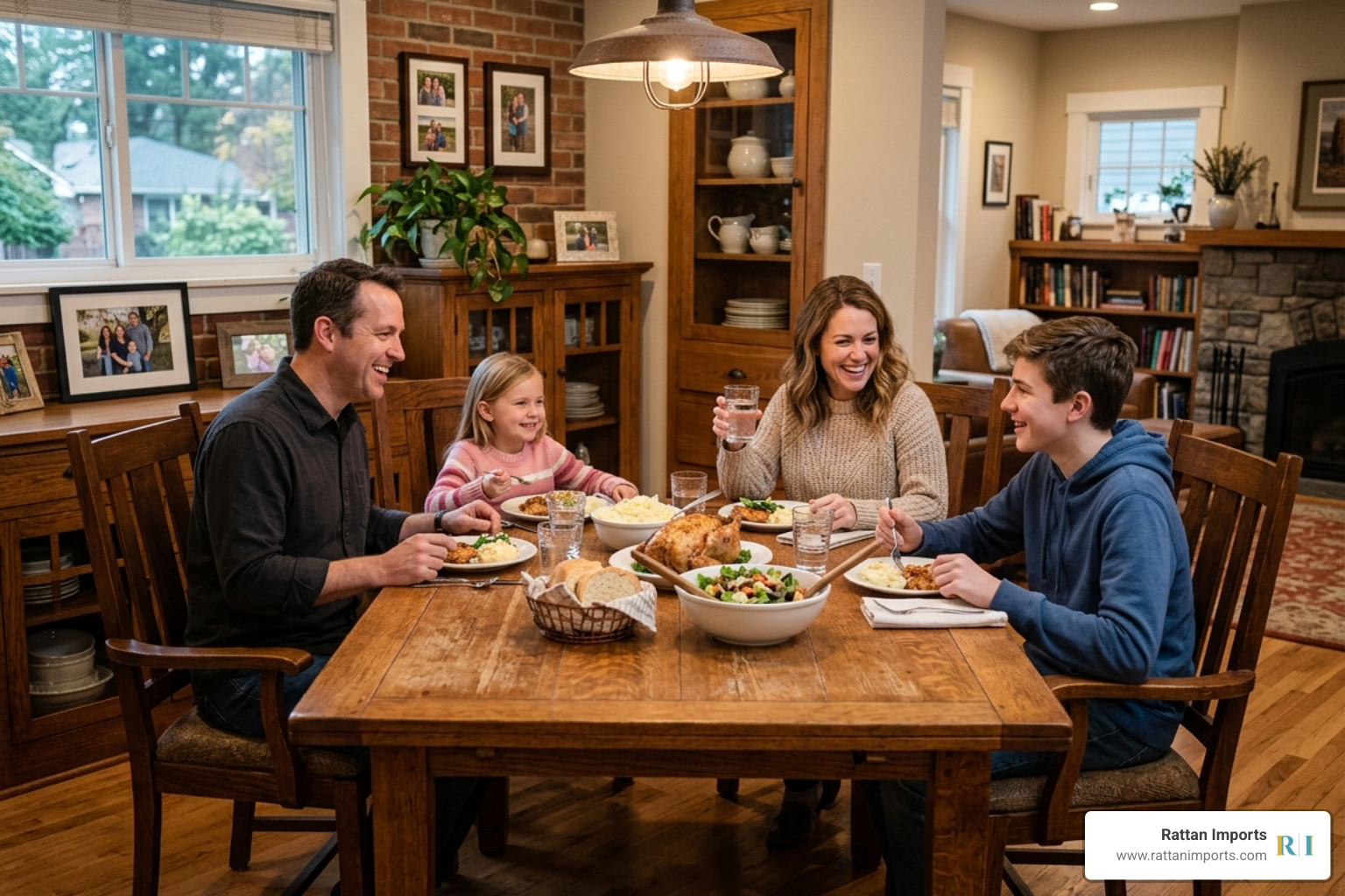 Family gathered around a warm wooden dining table with comfortable arm chairs - wooden dining room arm chairs Family gathered around a warm wooden dining table with comfortable arm chairs - wooden dining room arm chairs