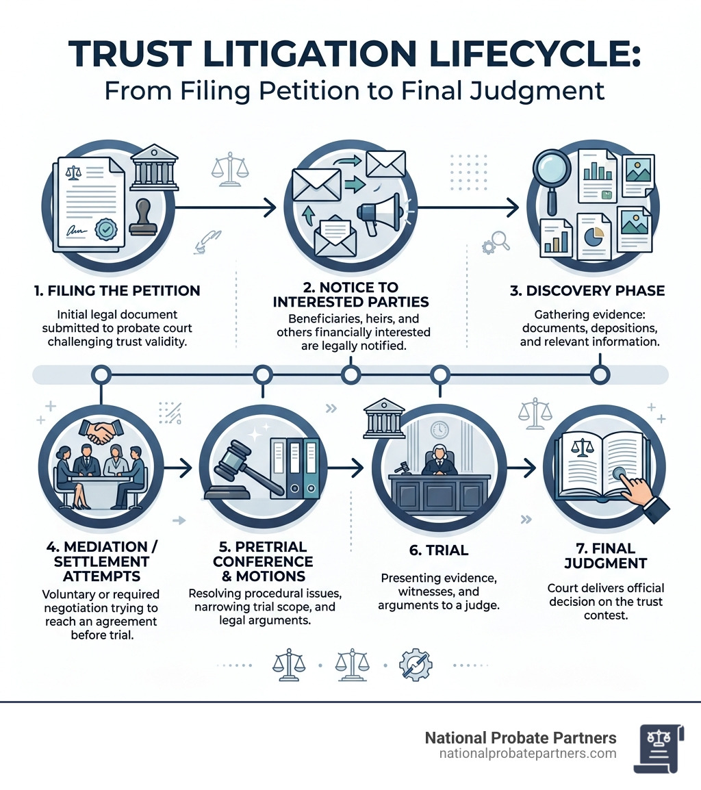 Trust litigation lifecycle from filing petition to final judgment infographic - Contesting a trust infographic 
