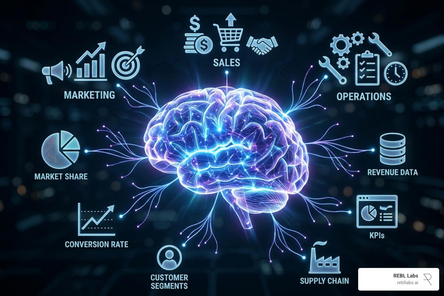 Digital brain connecting various business data points like marketing, sales, and operations - ai for small business owners