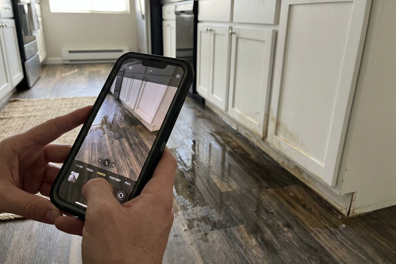 Property owner in Arizona using a smartphone to take photos of water damage on a kitchen floor - condo insurance claim Property owner in Arizona using a smartphone to take photos of water damage on a kitchen floor - condo insurance claim
