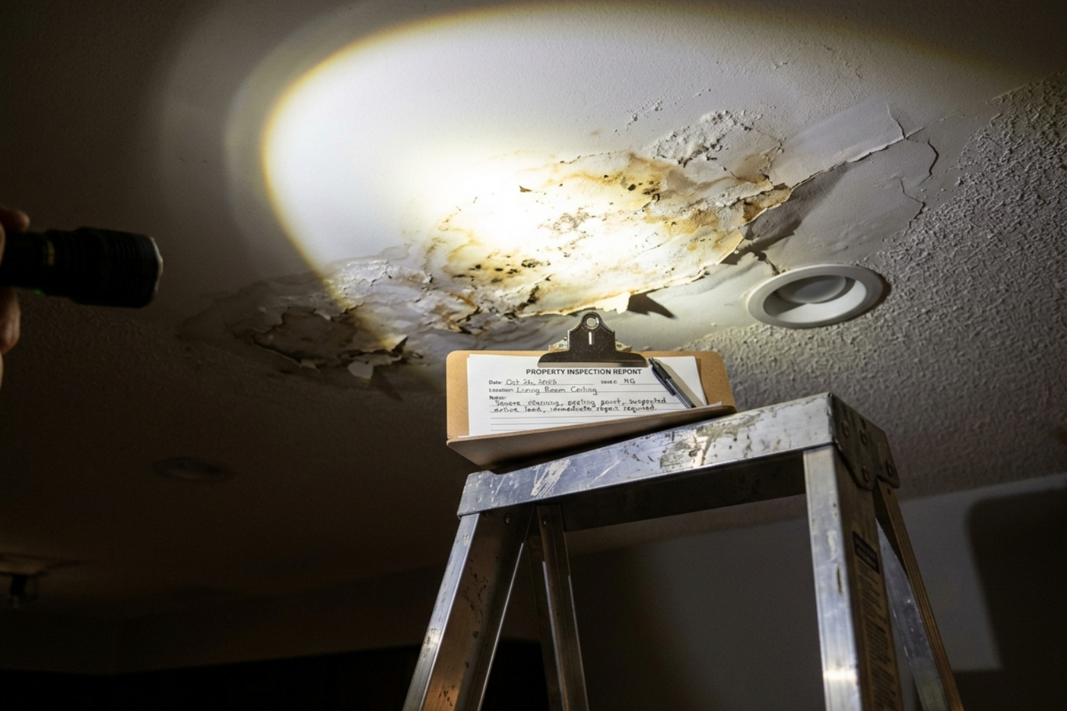 Insurance adjuster with a clipboard and flashlight inspecting a condo unit's ceiling for water damage - condo insurance claim Insurance adjuster with a clipboard and flashlight inspecting a condo unit's ceiling for water damage - condo insurance claim