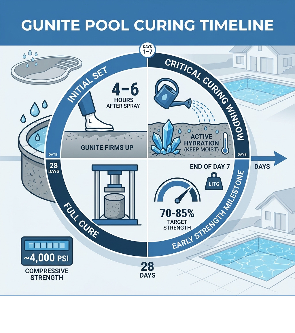 Gunite pool curing timeline infographic showing 28-day hydration stages and PSI strength milestones - gunite curing process Gunite pool curing timeline infographic showing 28-day hydration stages and PSI strength milestones - gunite curing process