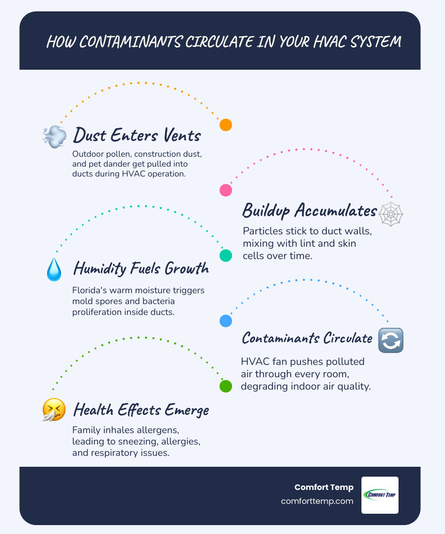 Infographic showing how dust, mold, and allergens circulate through a home HVAC system and affect indoor air quality - air Infographic showing how dust, mold, and allergens circulate through a home HVAC system and affect indoor air quality - air