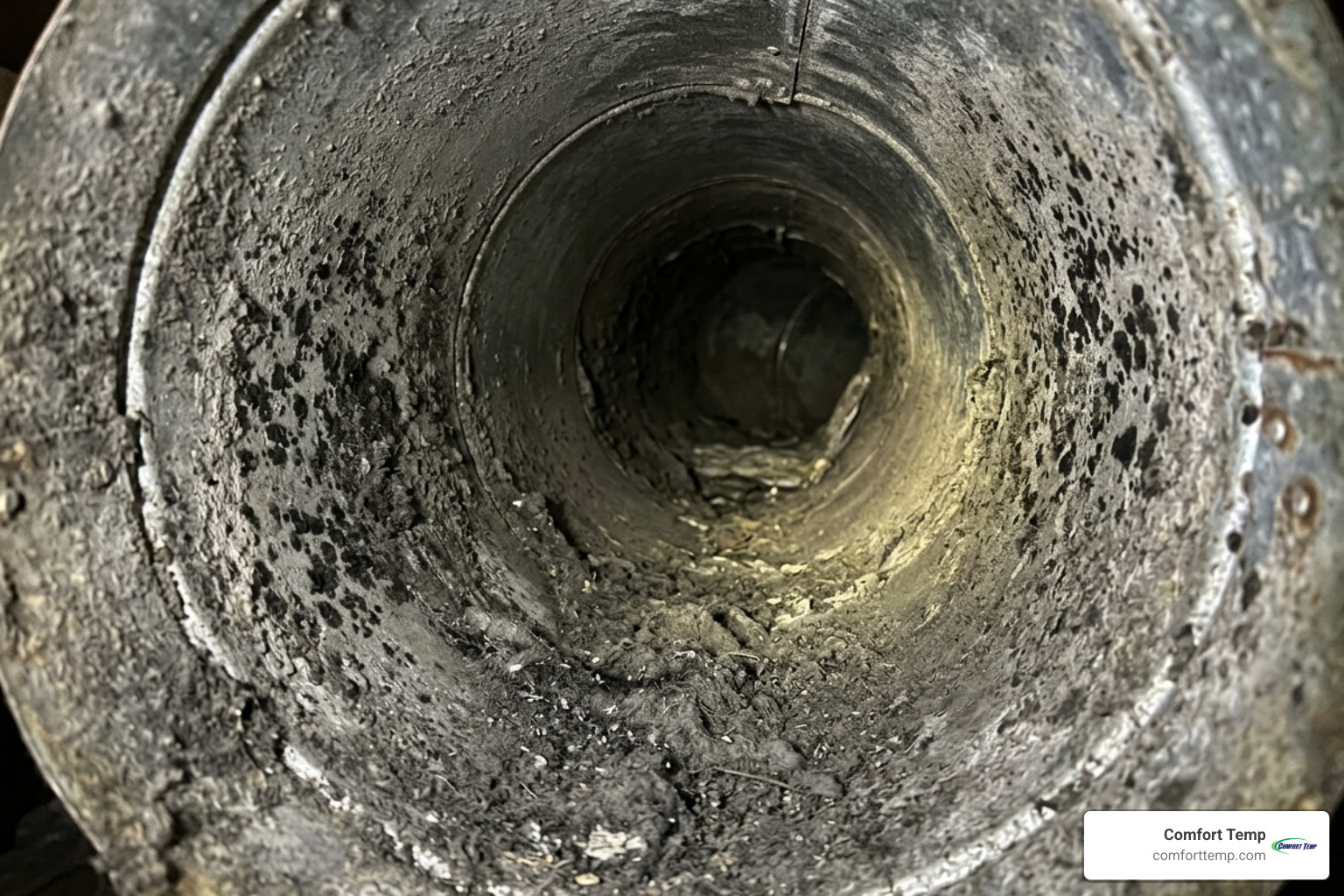 dust and mold buildup inside a residential duct showing dark spots and thick grey debris - air duct cleaning winter park dust and mold buildup inside a residential duct showing dark spots and thick grey debris - air duct cleaning winter park