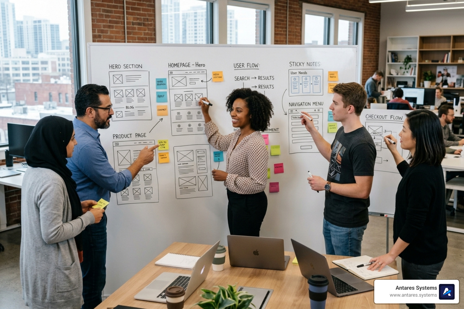 A team of digital strategists conducting a wireframing session on a large whiteboard - austin tx website design firm A team of digital strategists conducting a wireframing session on a large whiteboard - austin tx website design firm