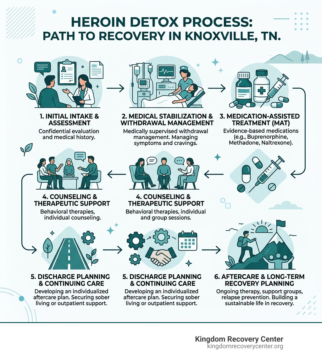 Heroin detox process steps from intake to aftercare planning in Knoxville TN - heroin detox Knoxville TN infographic 