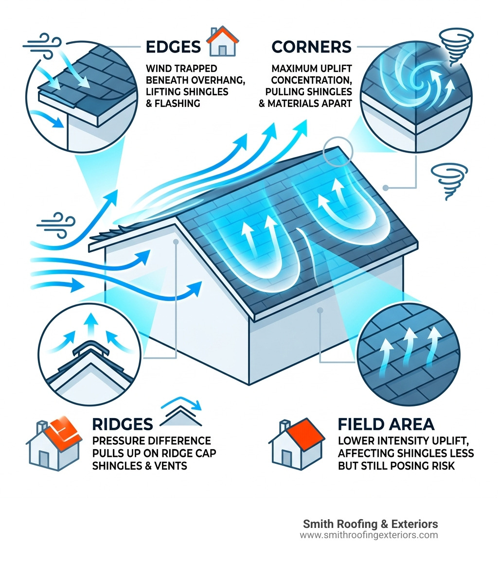 infographic showing how wind uplift affects roof zones including edges, corners, ridges, and field areas - wind damage to infographic showing how wind uplift affects roof zones including edges, corners, ridges, and field areas - wind damage to
