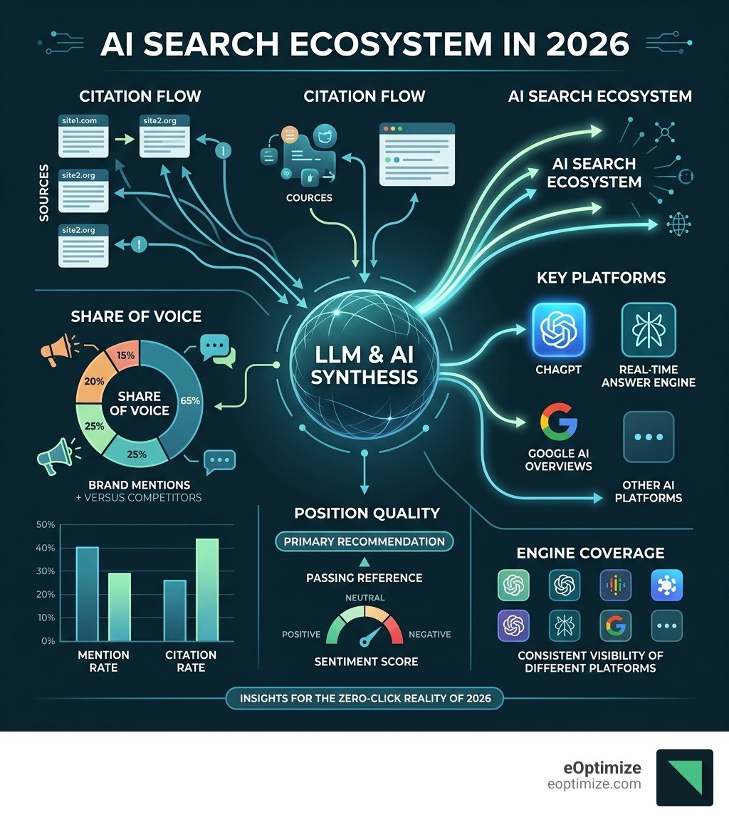 AI search ecosystem in 2026 showing LLMs, citation flow, share of voice, and key platforms - AI visibility metrics