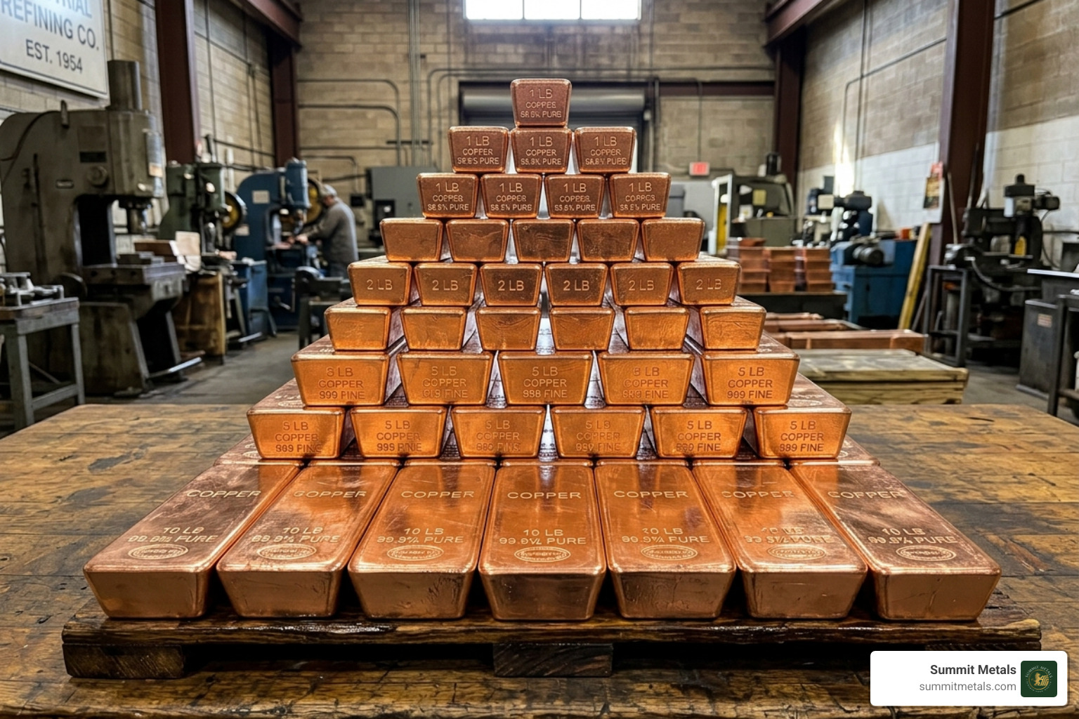 Stacked copper bullion bars in various sizes from 1lb to 10lb - 100 pound copper bar Stacked copper bullion bars in various sizes from 1lb to 10lb - 100 pound copper bar