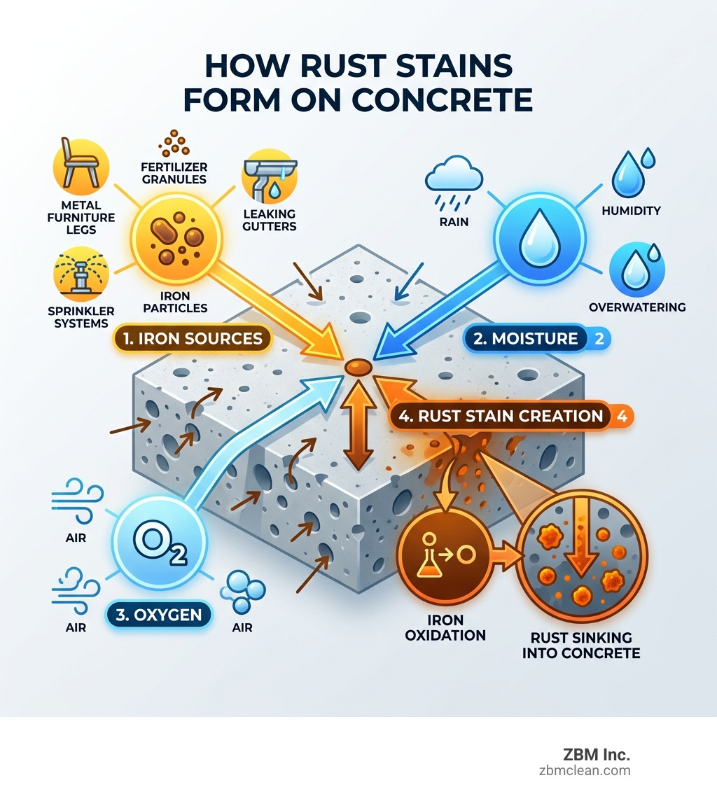 Infographic showing how iron, moisture, and oxygen combine to create rust stains on porous concrete surfaces - rust stain