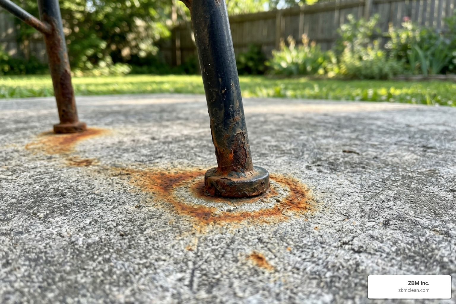 Metal patio furniture legs resting on a concrete surface causing orange rust rings - rust stain removal concrete