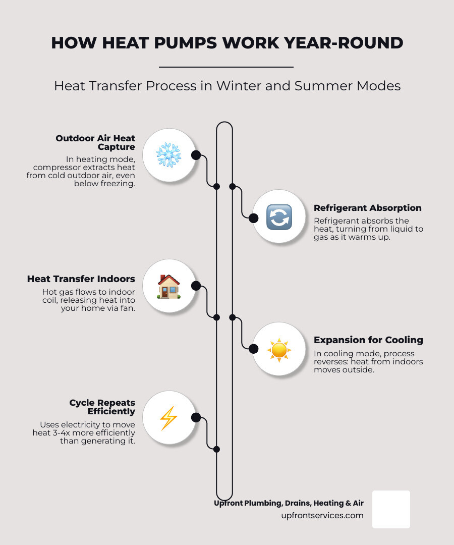 Infographic showing heat pump heat transfer process in winter and summer modes - heat pump repair Boise infographic