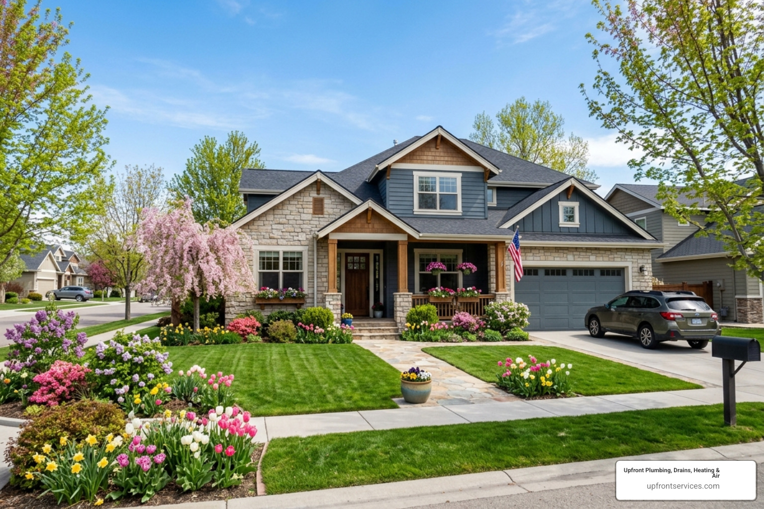 Residential home in Boise during a beautiful spring seasonal transition - heat pump repair Boise