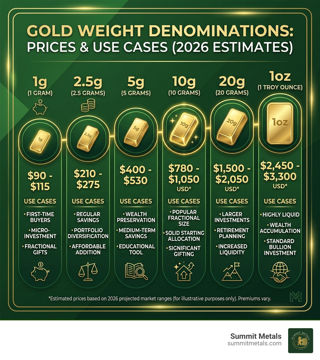 Infographic showing gold weight denominations from 1g to 1oz with prices and use cases - gold 10 gm coin infographic Infographic showing gold weight denominations from 1g to 1oz with prices and use cases - gold 10 gm coin infographic