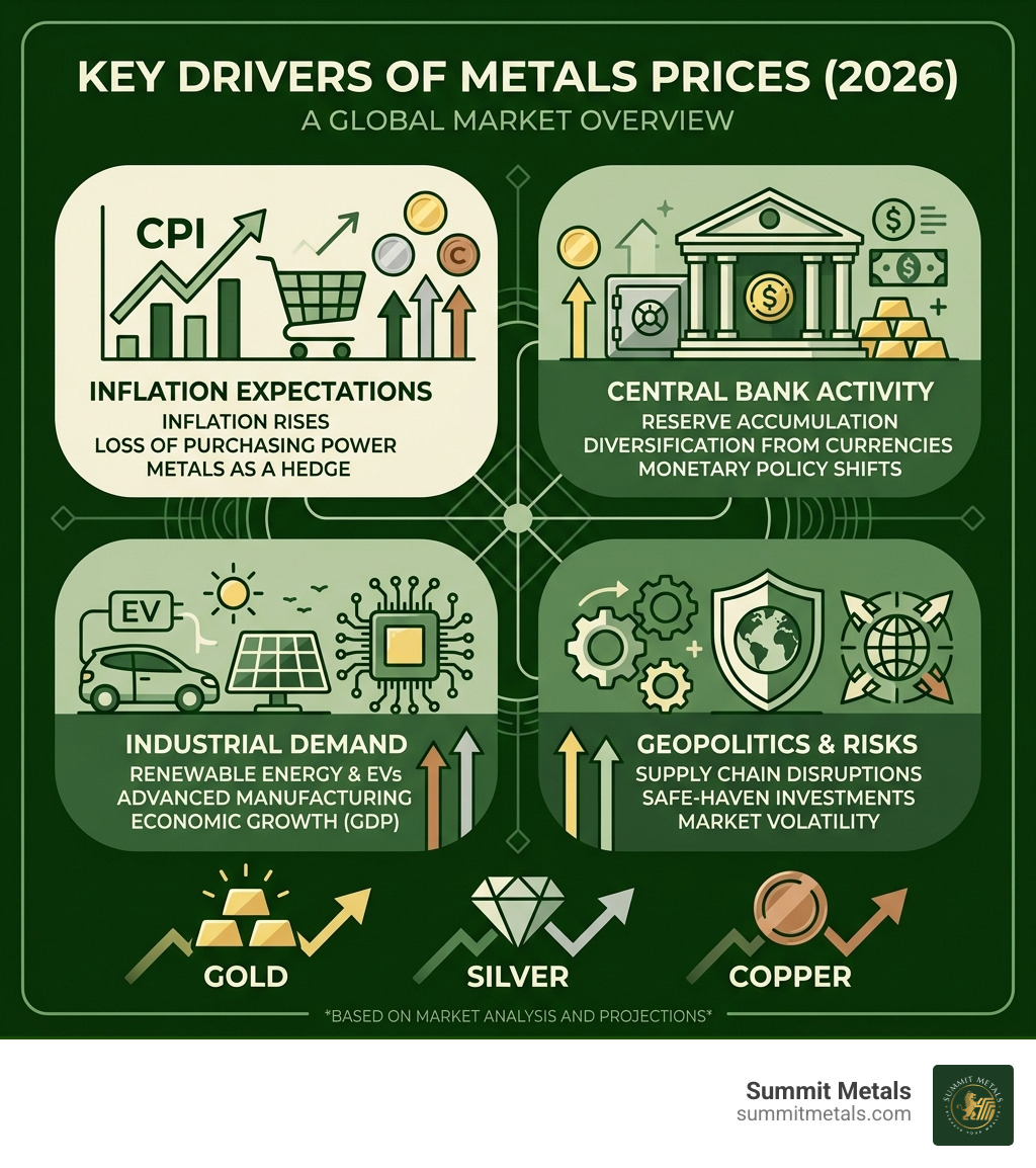 Infographic showing key drivers of copper, silver, and gold prices including inflation, central banks, industrial demand