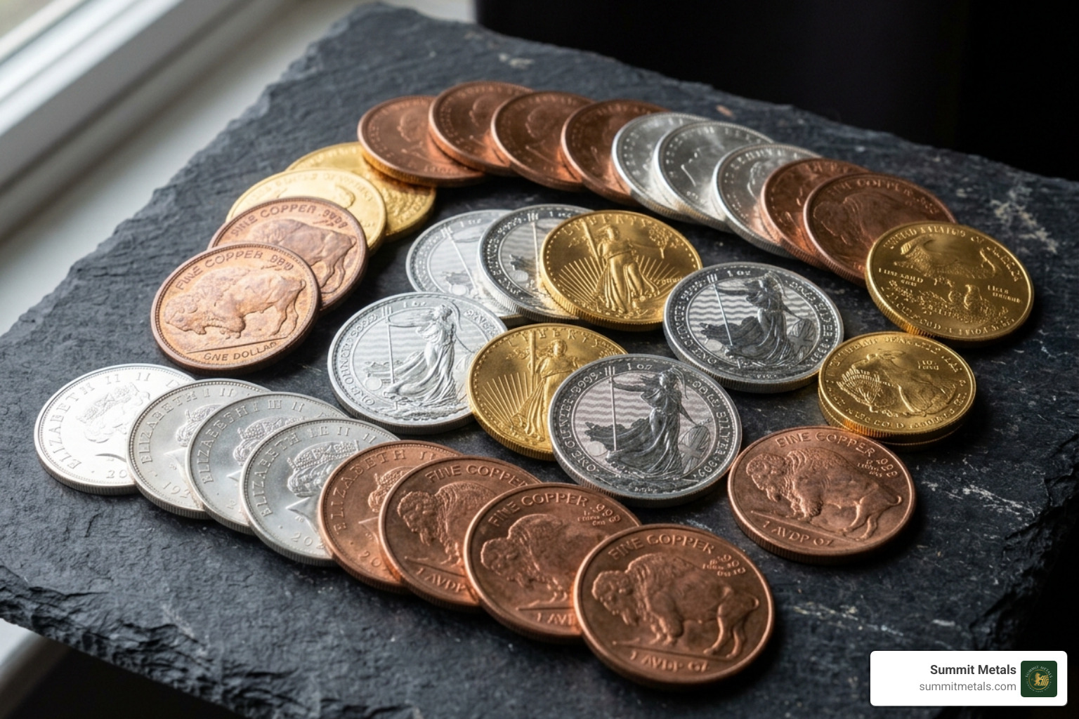 copper silver and gold coins and rounds on a dark surface - copper silver and gold prices