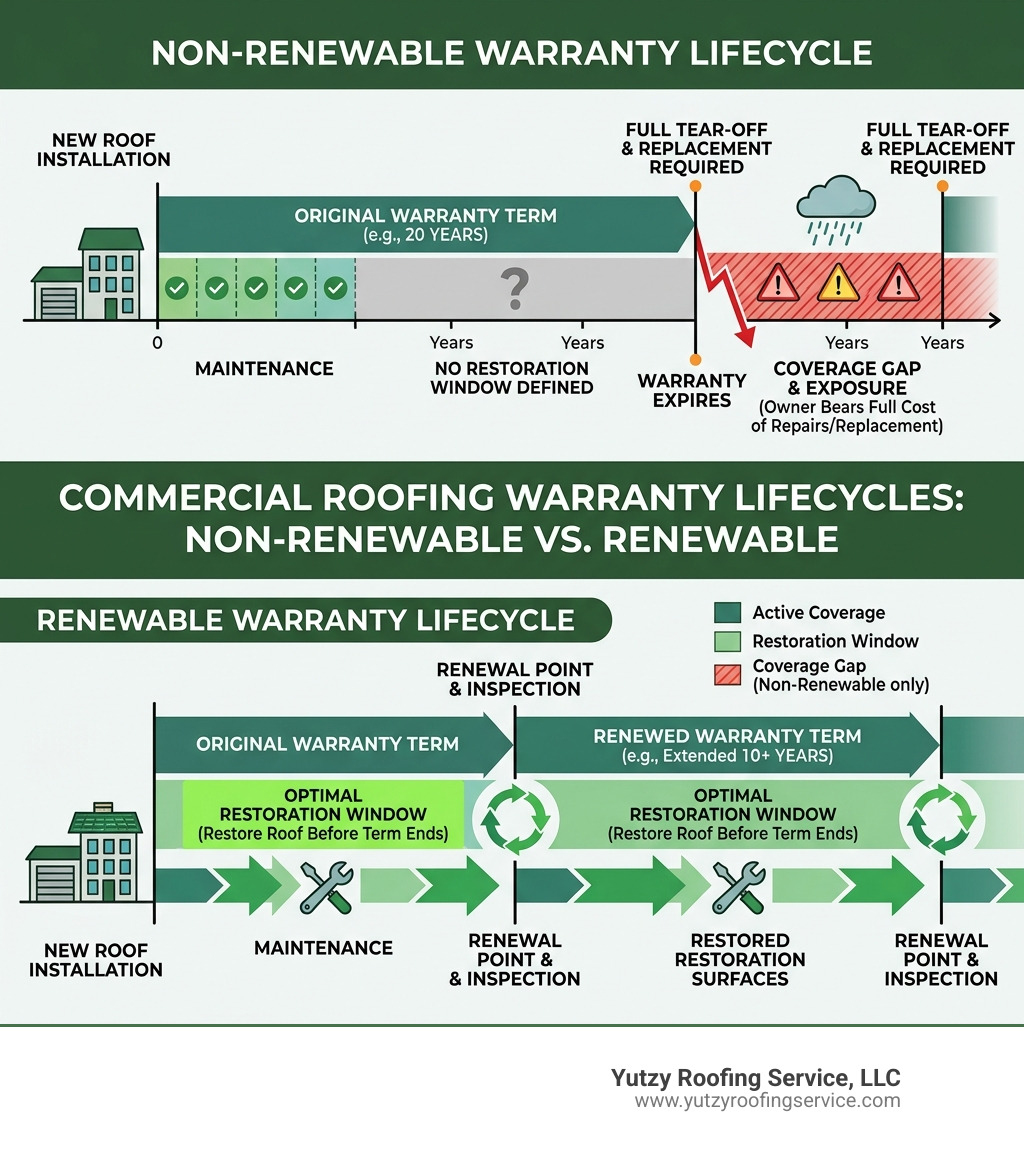 Lifecycle comparison infographic: non-renewable vs. renewable commercial roofing warranties showing coverage gaps Lifecycle comparison infographic: non-renewable vs. renewable commercial roofing warranties showing coverage gaps