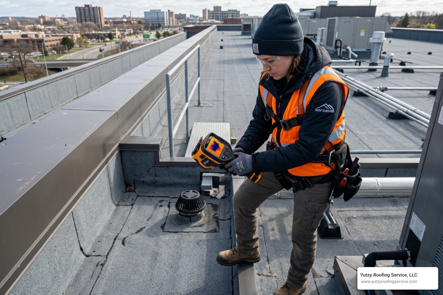 A professional commercial roof inspector using a thermal camera to check for moisture under the membrane, a key step in A professional commercial roof inspector using a thermal camera to check for moisture under the membrane, a key step in