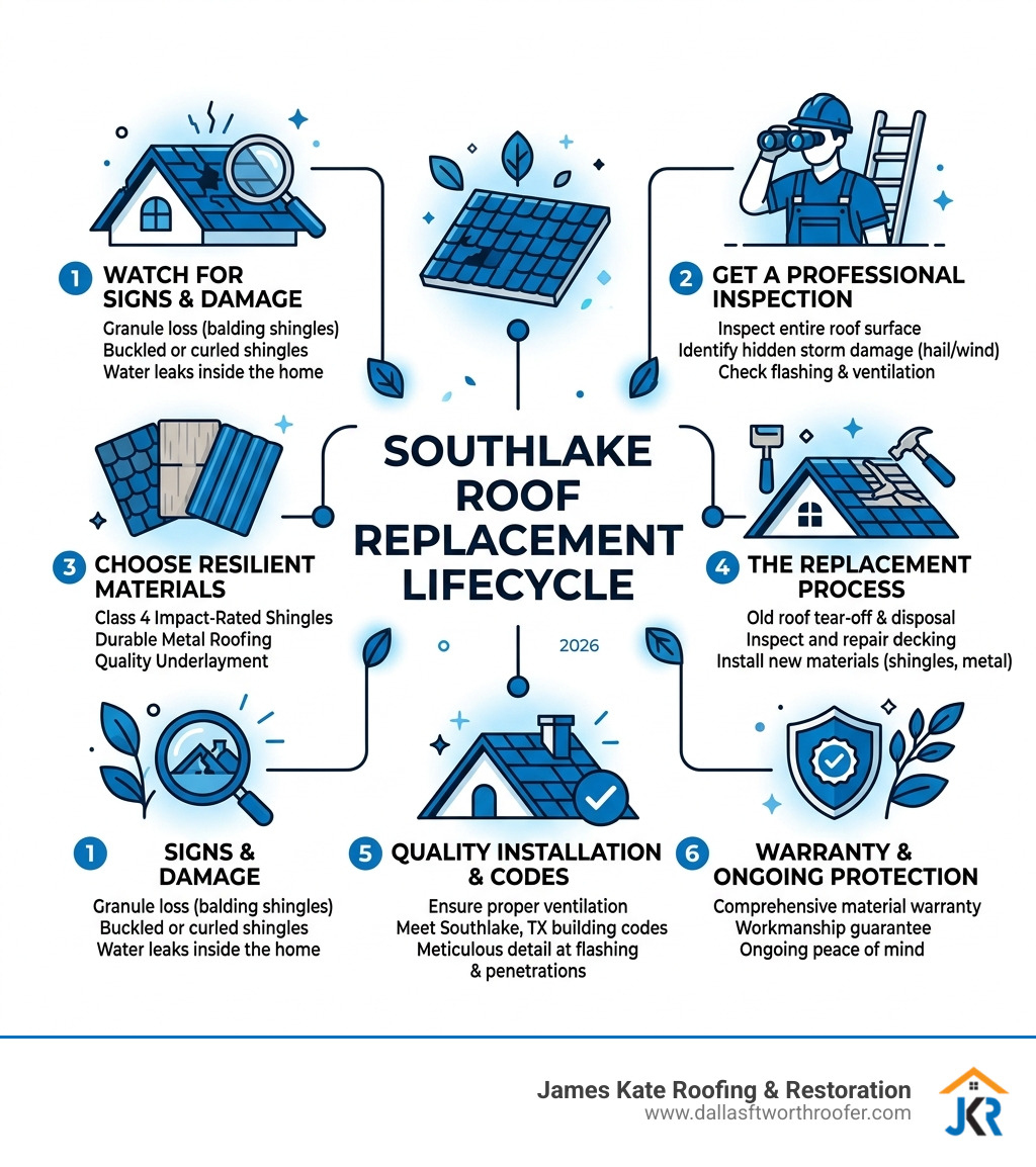 Southlake roof replacement lifecycle infographic showing signs damage inspection materials installation warranty - Southlake Southlake roof replacement lifecycle infographic showing signs damage inspection materials installation warranty - Southlake