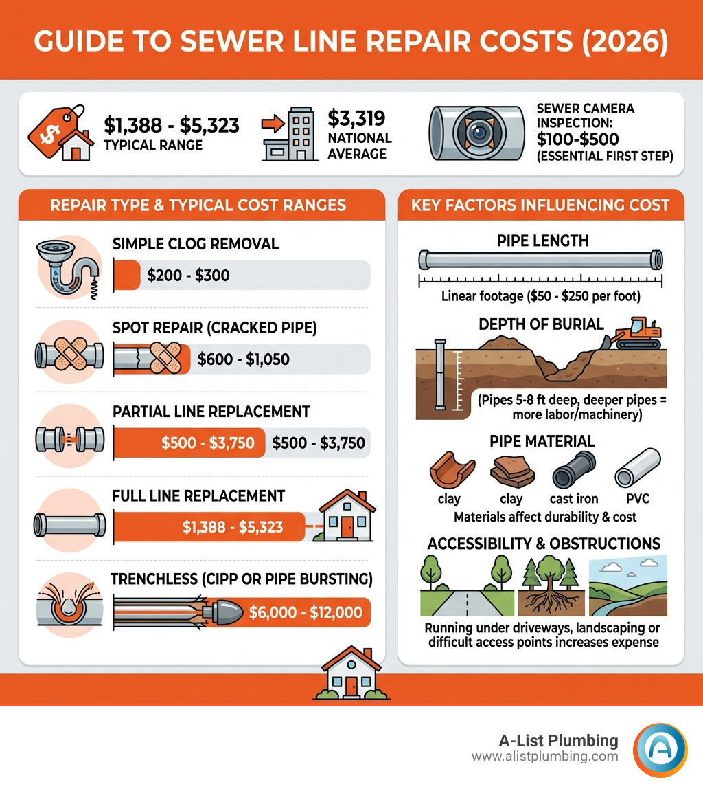 Infographic showing sewer line repair cost ranges by repair type and key cost factors - sewer line repair cost infographic Infographic showing sewer line repair cost ranges by repair type and key cost factors - sewer line repair cost infographic