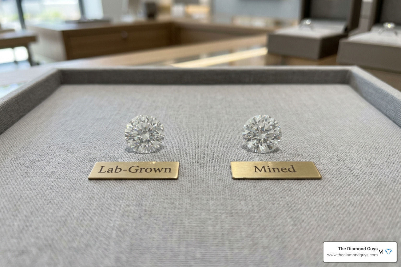 Comparing a lab-grown diamond and a mined diamond side-by-side - price of synthetic diamonds Comparing a lab-grown diamond and a mined diamond side-by-side - price of synthetic diamonds