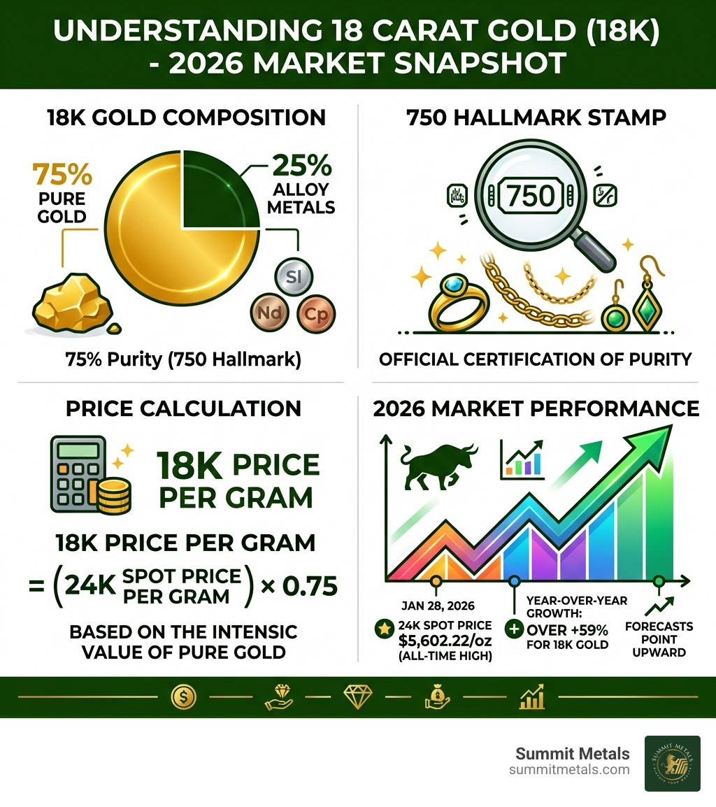 18K gold composition showing 75% purity, 750 hallmark, price calculation, and 2026 market performance - 18 carat gold price