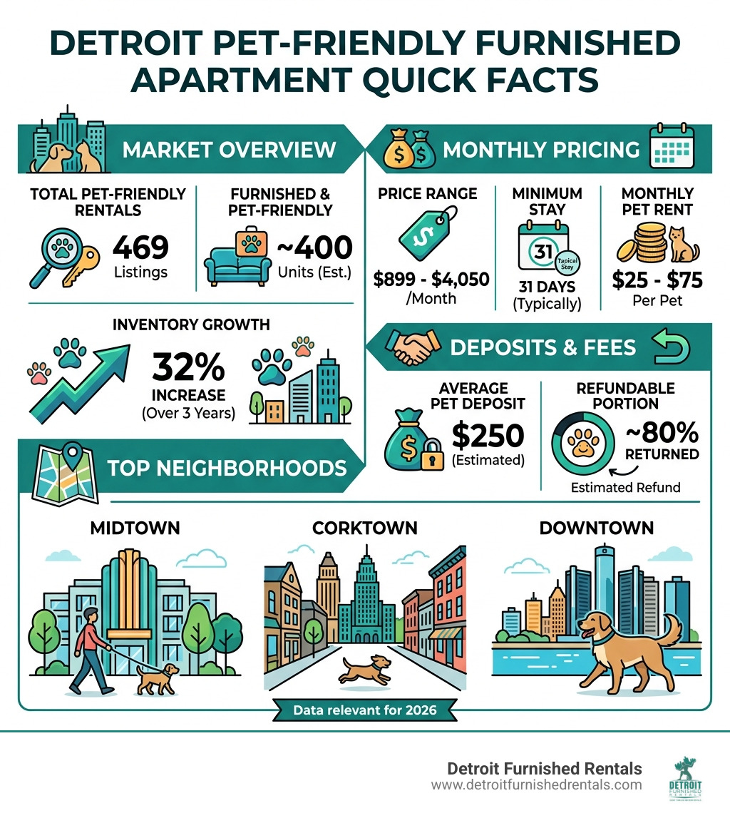 Infographic: Detroit pet-friendly furnished apartment quick facts including pricing, deposits, and top neighborhoods