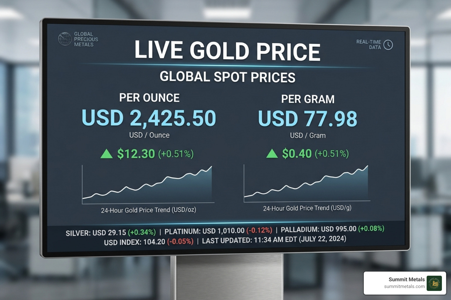 Live gold price ticker showing USD values for gram and ounce units - 18 carat gold price 2026