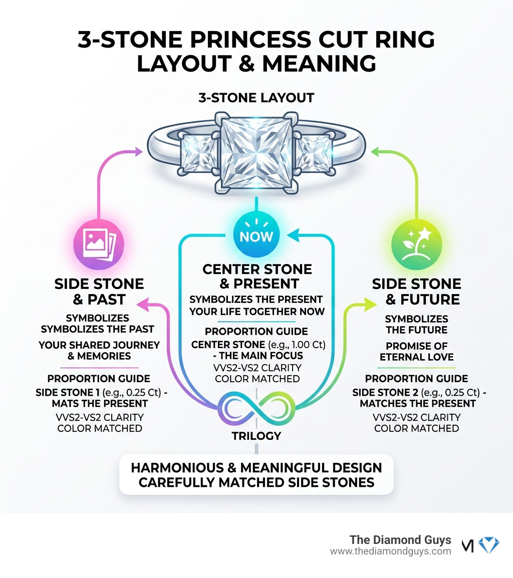 Infographic showing 3-stone ring layout: large princess cut center, two matched side stones, past-present-future symbolism Infographic showing 3-stone ring layout: large princess cut center, two matched side stones, past-present-future symbolism
