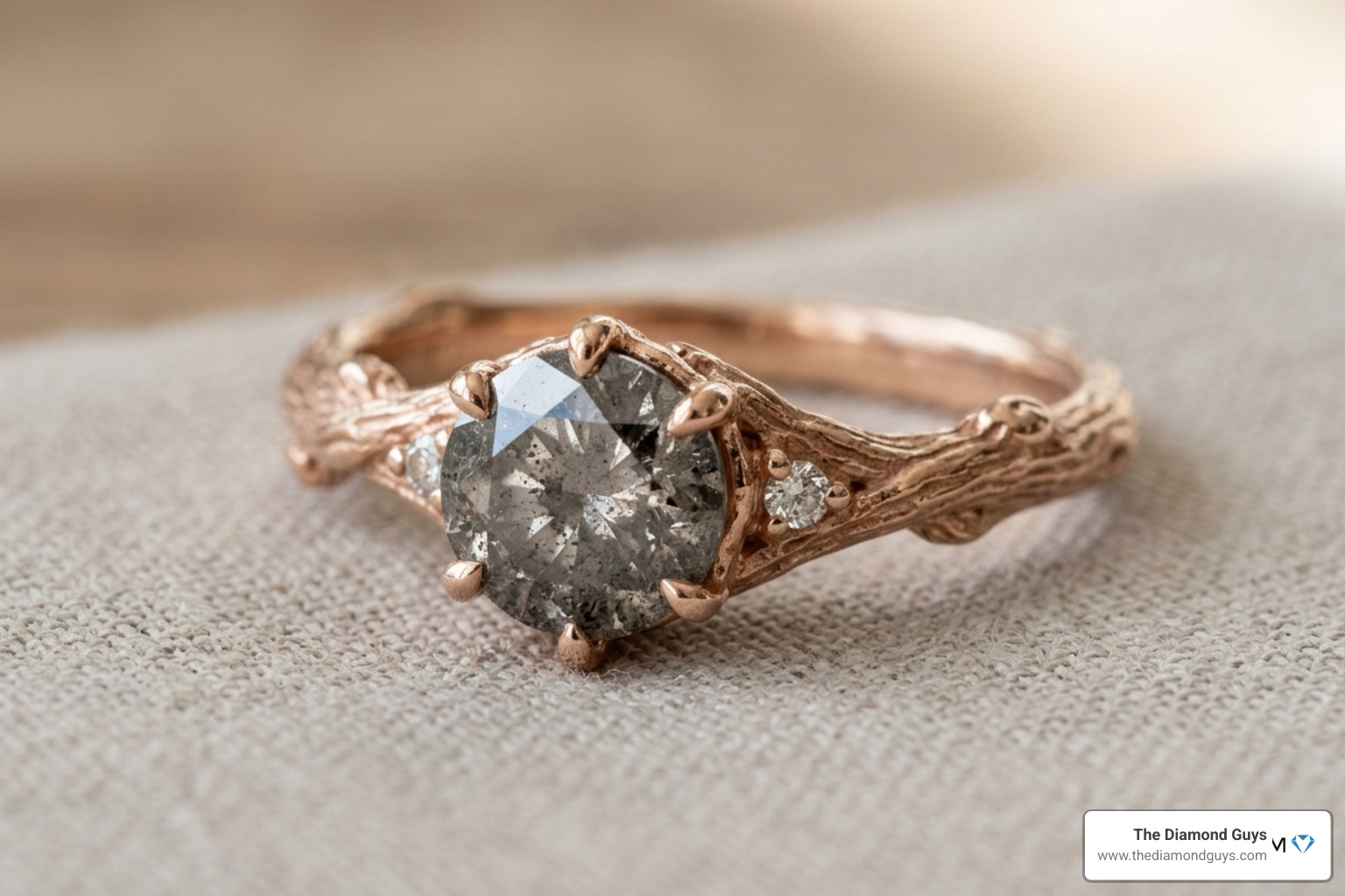 Rose gold ring featuring a salt and pepper diamond with organic twig-like band - bohemian style wedding rings Rose gold ring featuring a salt and pepper diamond with organic twig-like band - bohemian style wedding rings