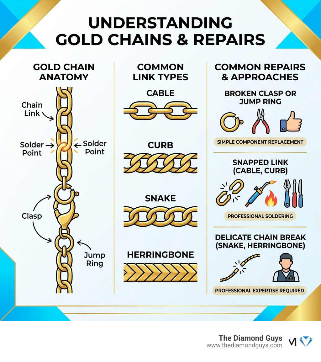 Infographic showing gold chain anatomy, common link types, and repair options at a glance - Gold chain repair infographic Infographic showing gold chain anatomy, common link types, and repair options at a glance - Gold chain repair infographic