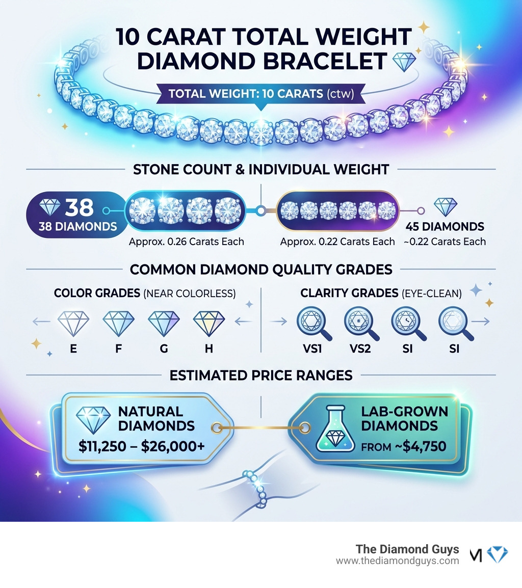 Infographic showing 10 carat total weight distribution across 38-45 diamonds with quality grades and price ranges - 10 carat