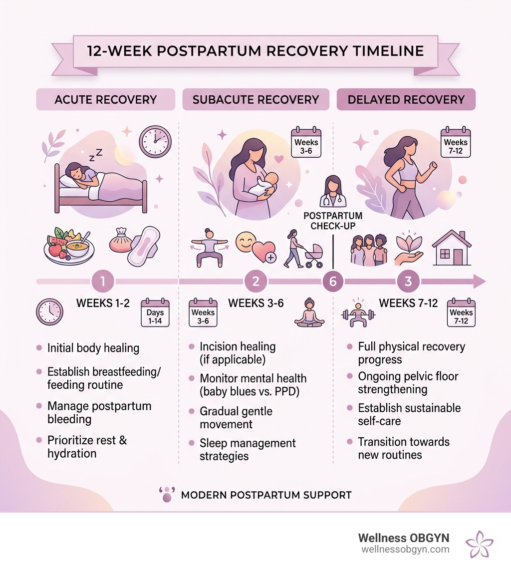 12-week postpartum timeline showing acute, subacute, and delayed recovery phases with key milestones - postpartum self care