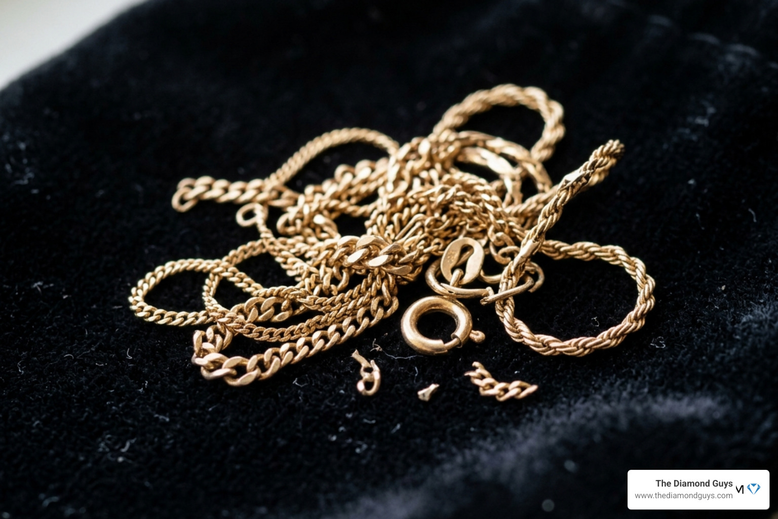 Tangled and broken gold chain on a velvet surface - Gold chain repair Tangled and broken gold chain on a velvet surface - Gold chain repair