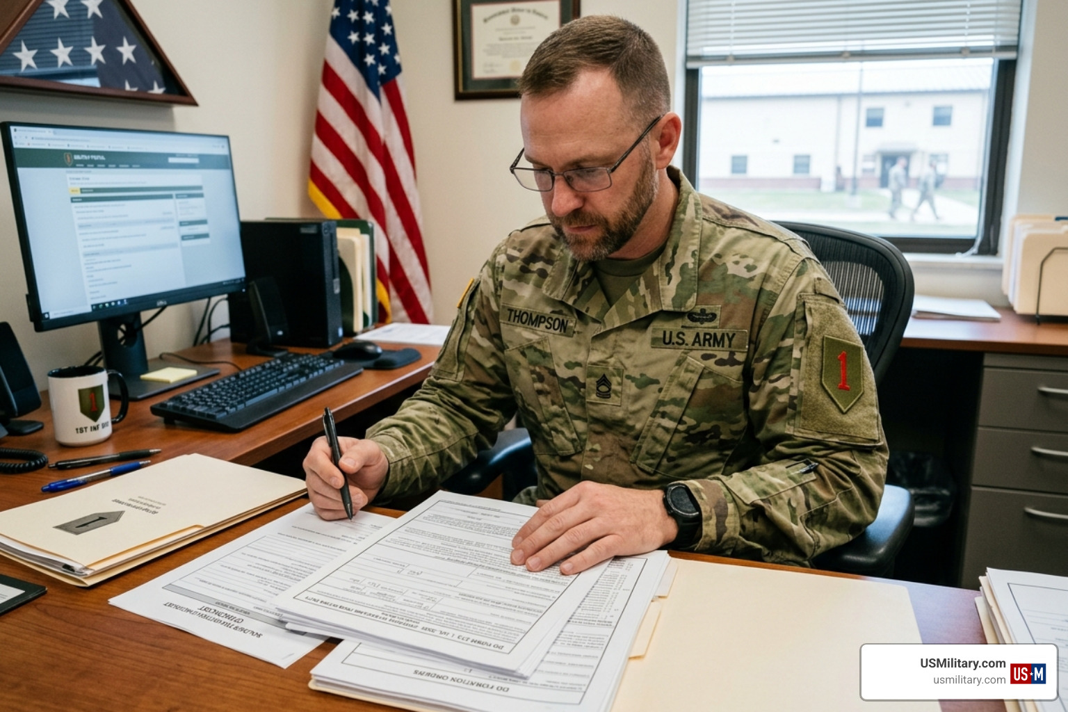 A US Army soldier reviewing transition paperwork and DD-214 forms - us army discharge types