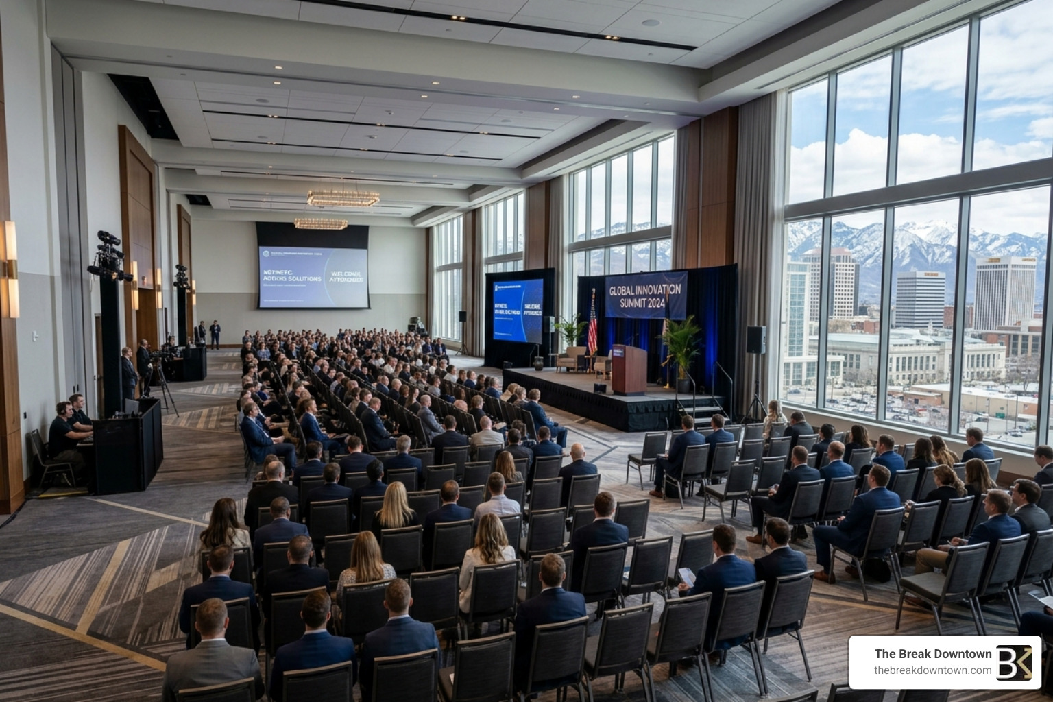 Wide-angle view of a modern Salt Lake City ballroom set for a corporate conference - host an event in salt lake city Wide-angle view of a modern Salt Lake City ballroom set for a corporate conference - host an event in salt lake city