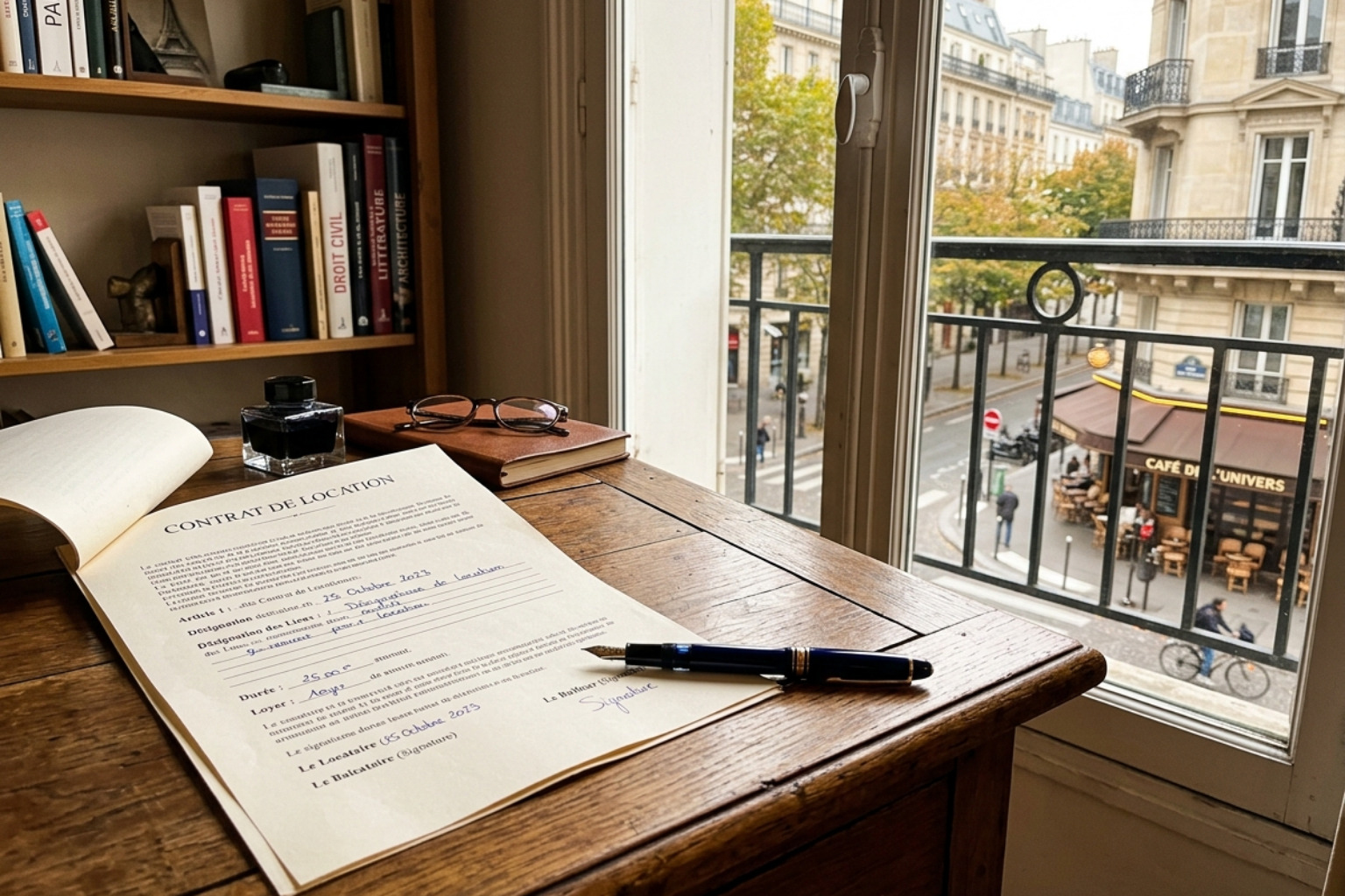 A French rental contract on a wooden desk with a fountain pen and a view of a Parisian street - mid-term furnished rentals