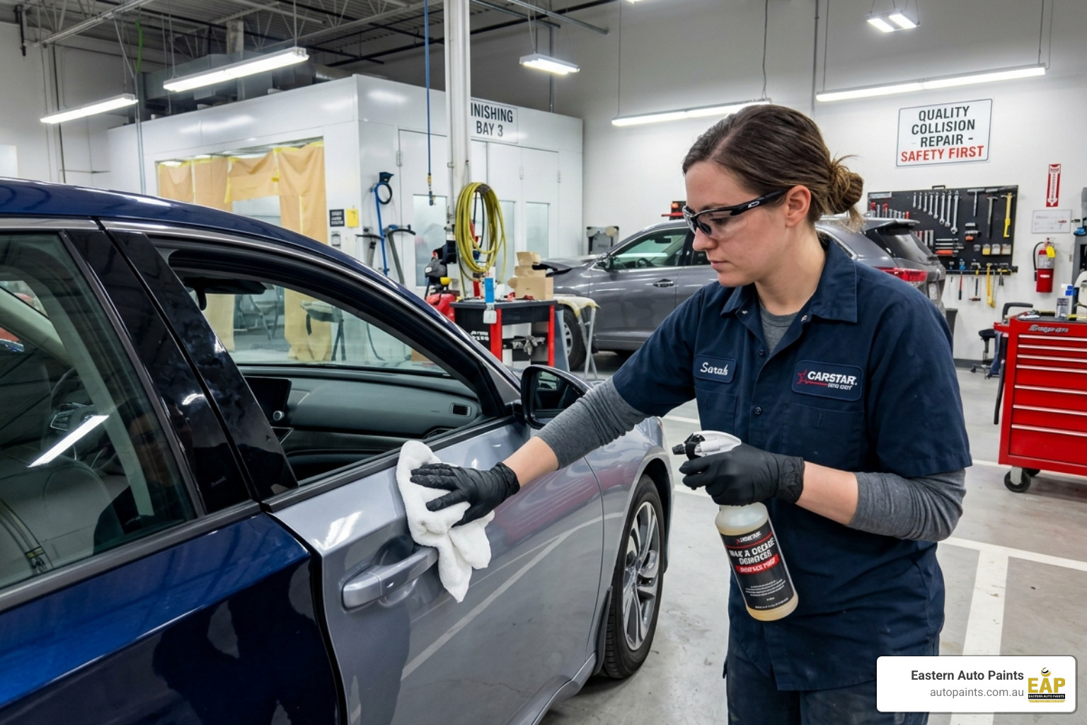 A technician cleaning a vehicle panel to prepare the surface for an application of rust inhibiting primer spray in a professional body shop.