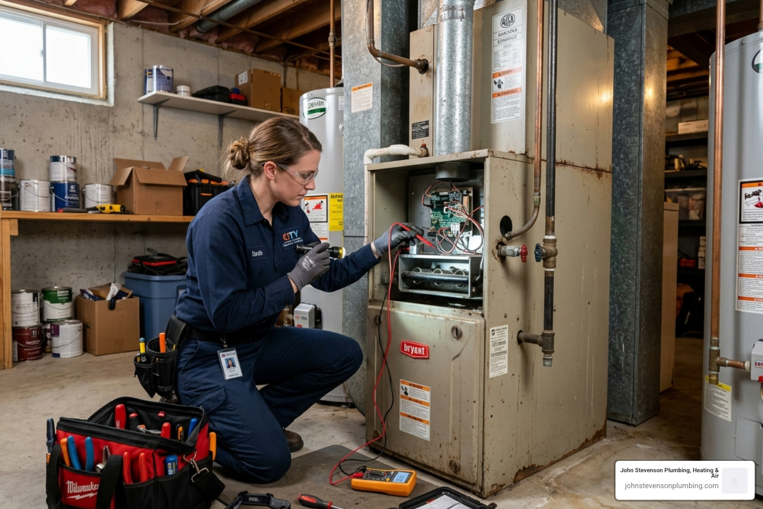An older furnace unit being inspected by a technician - how often should you service your hvac system