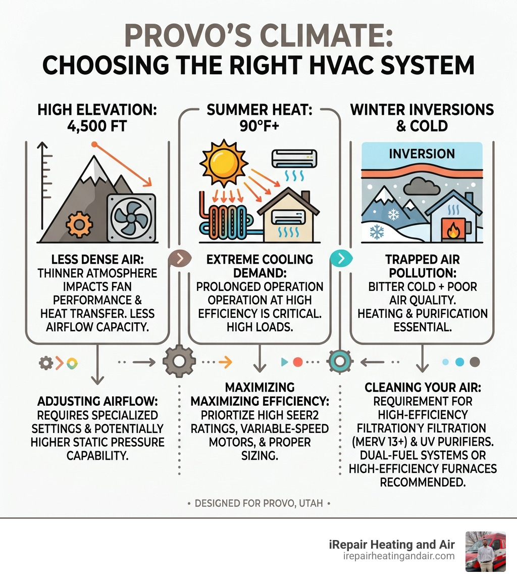 Infographic showing how Provo's 4500ft elevation, summer heat, winter inversions affect HVAC installation choices - hvac