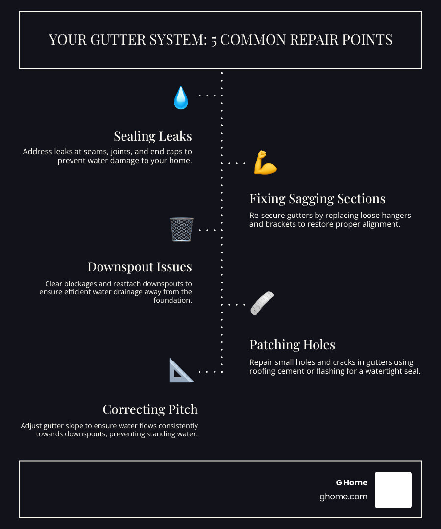 Components of a healthy gutter system and common repair points labeled - gutter repairs infographic Components of a healthy gutter system and common repair points labeled - gutter repairs infographic