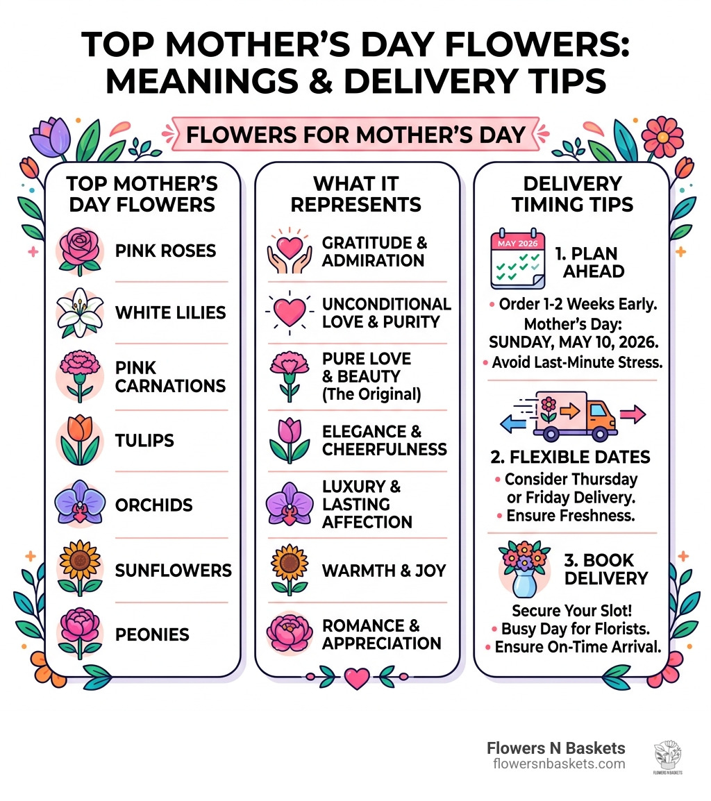 Infographic showing top Mother's Day flowers, their meanings, and delivery timing tips - flowers for mothers day delivery