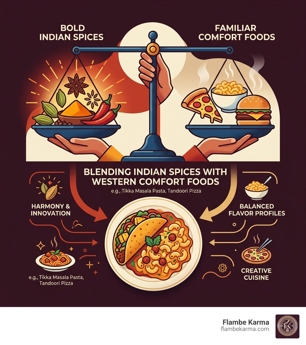 Indian spices balanced with Western comfort foods in fusion cooking infographic - fusion indian food recipes infographic 