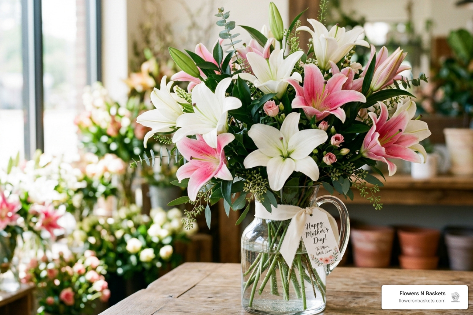 Vibrant spring lilies in a glass vase - flowers for mothers day delivery