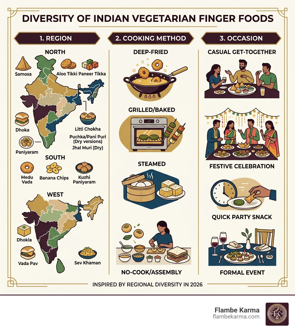Infographic showing diversity of Indian vegetarian finger foods by region cooking method and occasion - indian vegetarian
