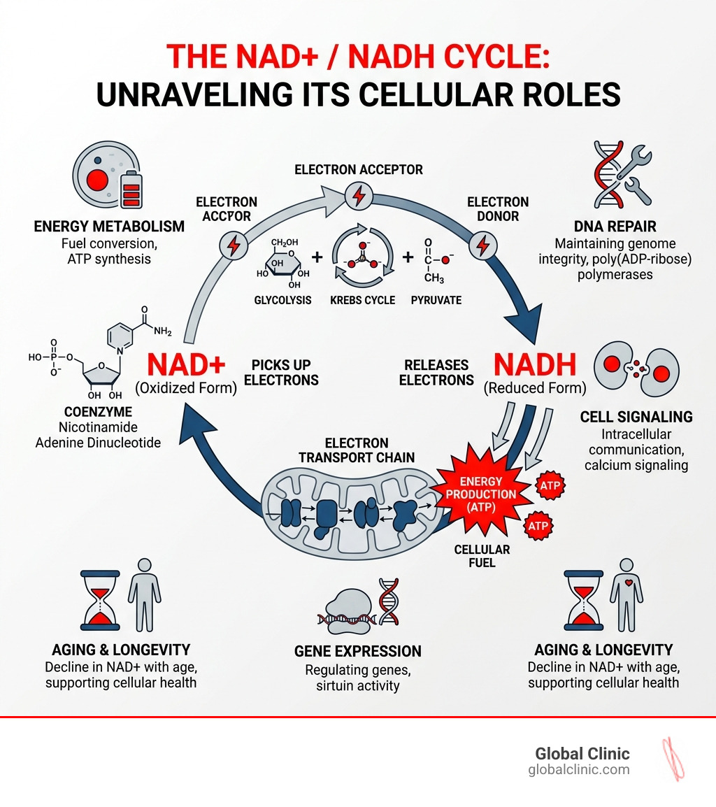 NAD+ to NADH cycle infographic showing electron transfer, energy production, and cellular roles - what does nad stand for