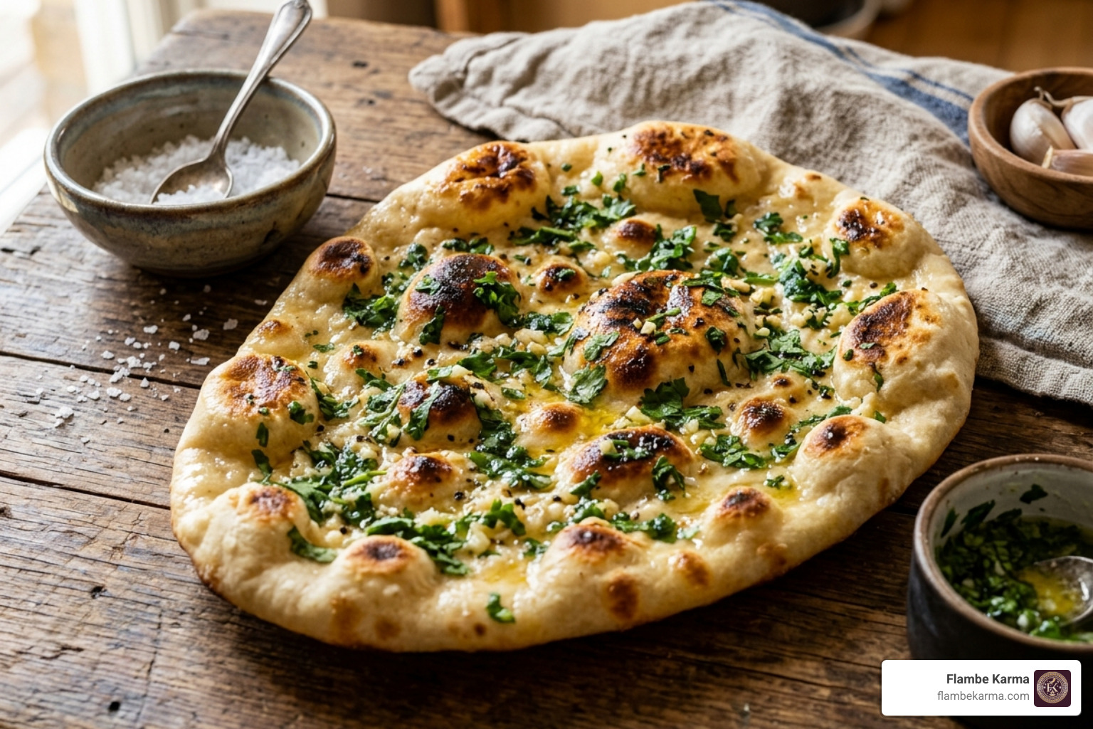 blistered garlic naan with butter and herbs - indian family meals